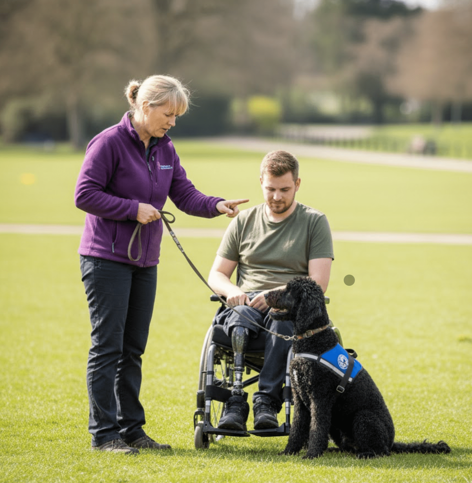 Karen Robertson with a client and their service dog
