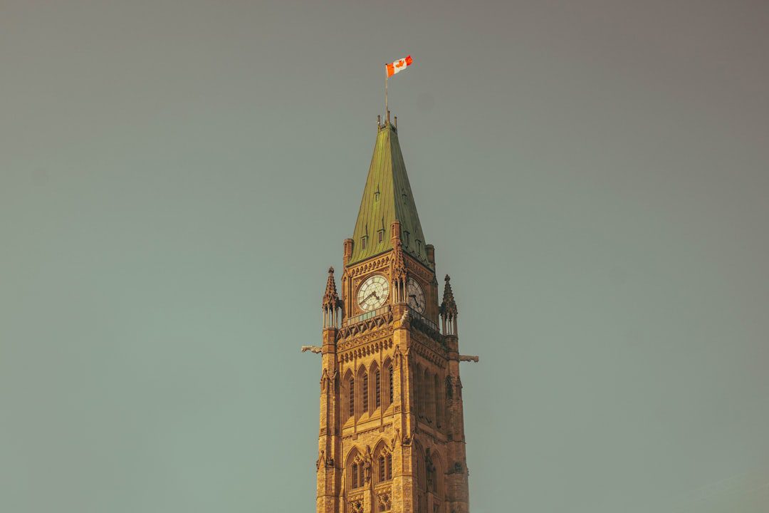 Ontario service dog — a tall clock tower with a flag on top