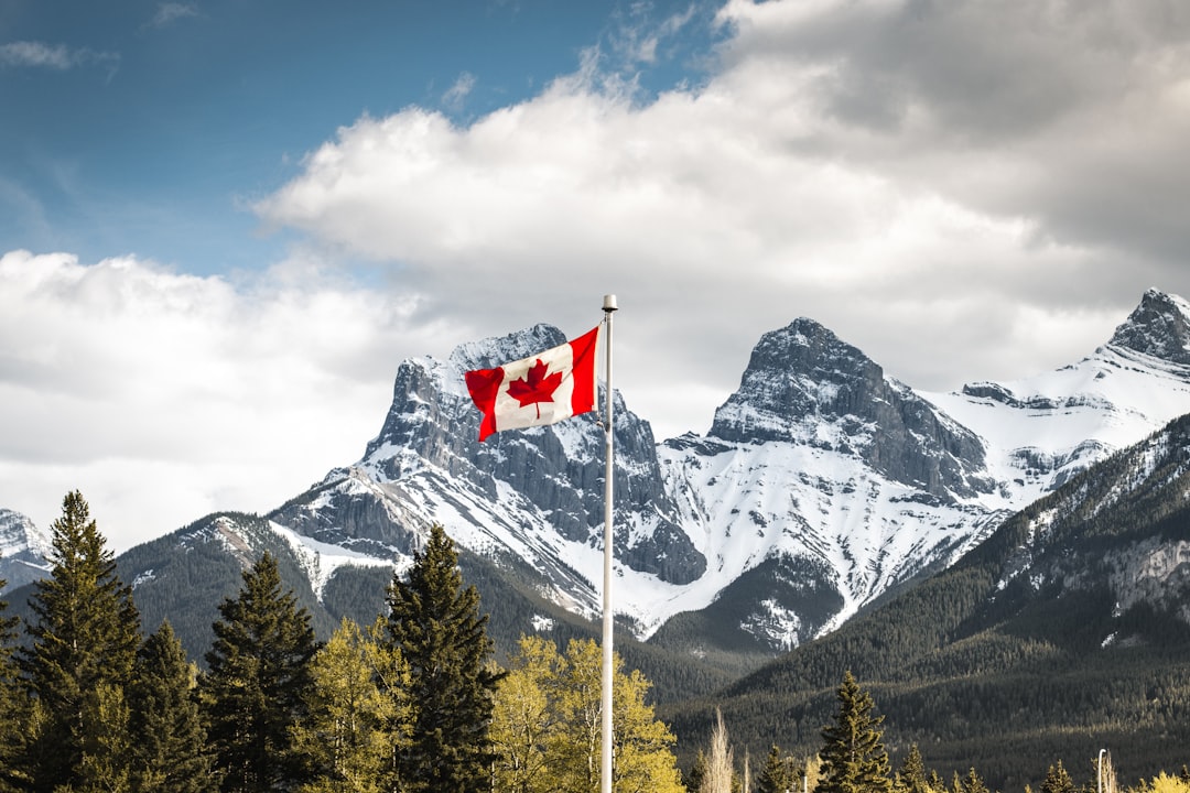 certified service dog trainer — The Canadian flag waving on a pole before the Three Sisters mountains in Canmore